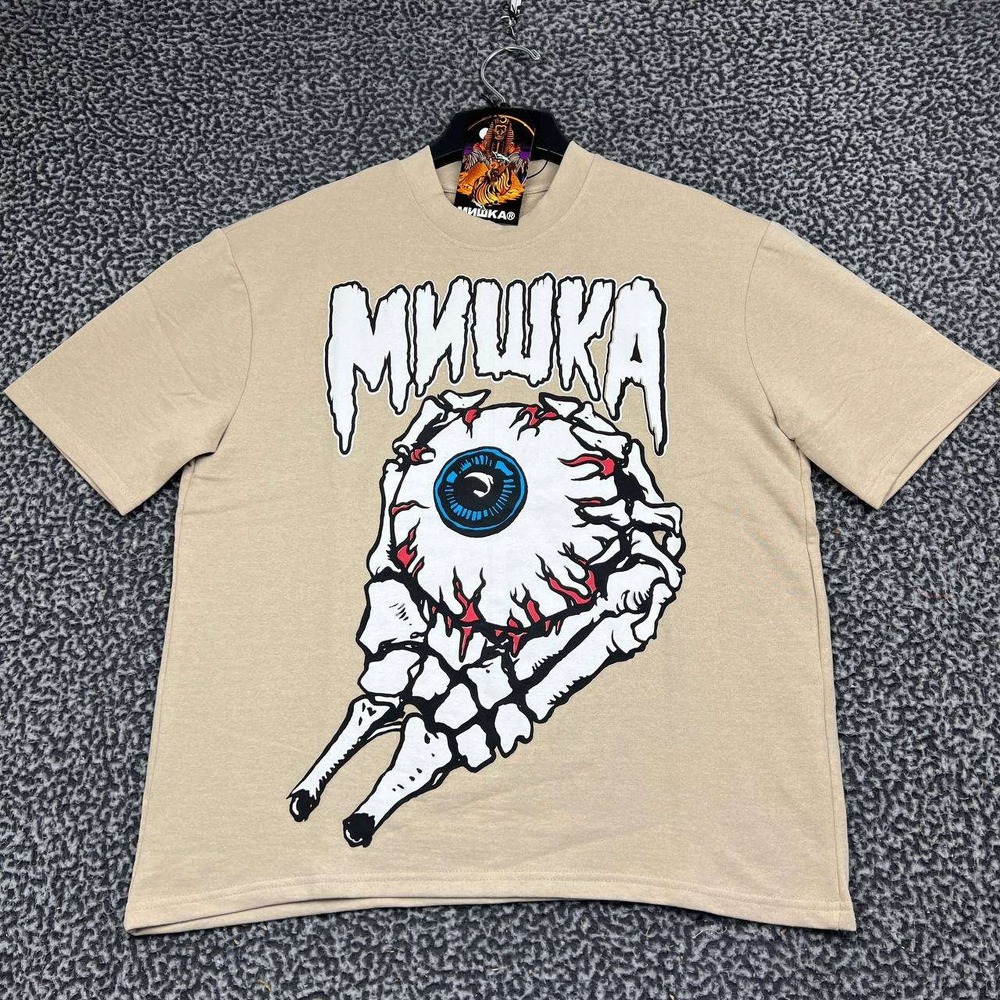 Mishka Keep Watch Eyeball Skeleton Hand Graphic Shirt Men Small Tan New S